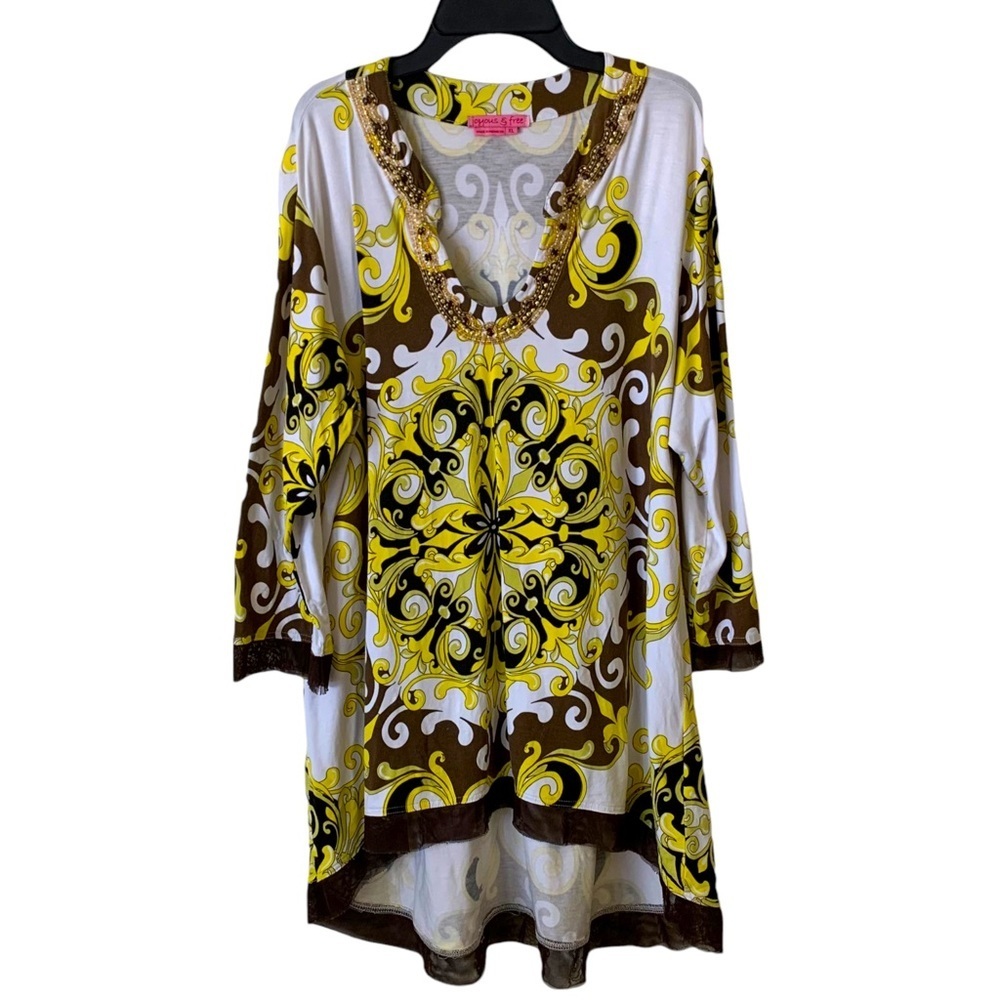 Joyous & Free | XL | Women's Boho Long Sleeve Beadwork High Low Hem Tunic Top